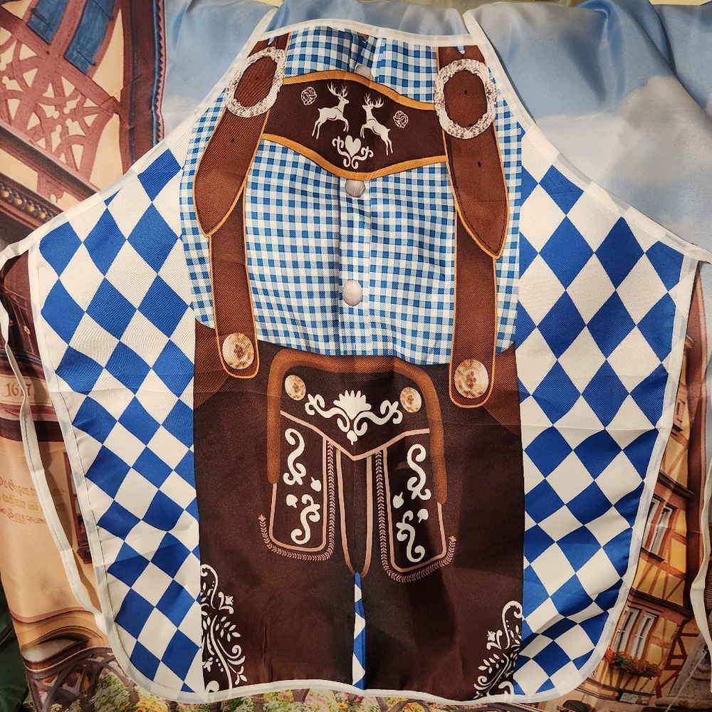 Bavarian Lederhosen Print Men's Apron in Blue and Brown NEW